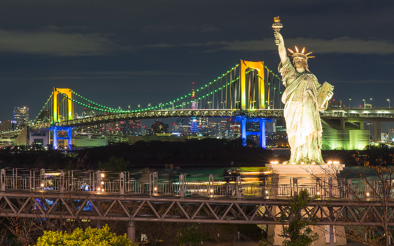 Odaiba artificial island with Tokyo skyline in the background, Japan